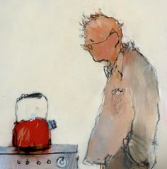 a painting of a man looking at a red kettle