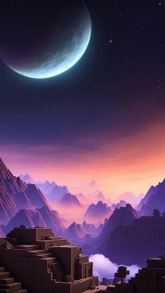 an alien landscape with mountains and a moon in the sky