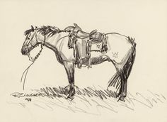 a drawing of a horse with a saddle on it's back standing in the grass