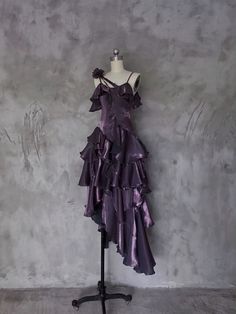 Halloween Formal Dress, Dark Purple Gothic Dress, Prom Dress With Ruffles And Asymmetrical Neckline, Fitted Gown With Spaghetti Straps And Ruffles, Fitted Gown With Ruffles And Spaghetti Straps, Pre-draped Asymmetrical Prom Dress, Asymmetrical Hem Dress With Ruffles For Prom, Fitted One Shoulder Dress With Ruffles And Asymmetrical Hem, One Shoulder Evening Dress With Ruffles And Asymmetrical Hem