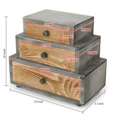 three wooden drawers with measurements for each drawer and the top one is made out of wood