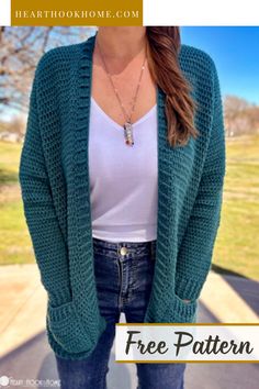 a woman wearing a green knitted cardigan with text overlay that says free pattern