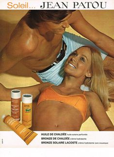 an advertisement for sun tanning products featuring a woman and man