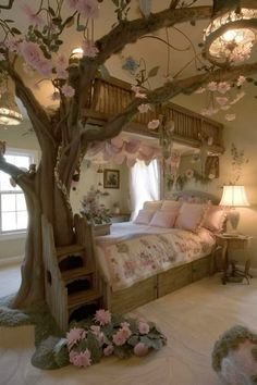 a bedroom decorated in pink and white flowers