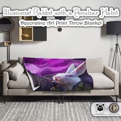 a couch with a purple background and an image of a white rabbit on it's back