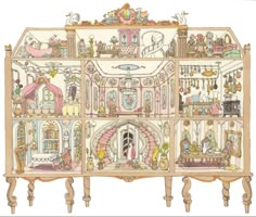 a drawing of a doll house with lots of furniture and accessories on it's walls