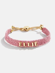 Order through 1/18 for delivery by 2/12 for Valentine's Day ​​ Our Metallic Custom Woven Friendship Bracelet offers an elevated take on the ever-loved friendship bracelet trend. The pink mesh band creates a metallic backdrop for graphic gold letter beads, which are sewn on by hand for this bracelet. Pick up one for you and a friend, then choose to add your name, initials, or a favorite phrase. See our Letter Key for all options available. Jewelry Real Gold, Gifts To Get Best Friend, Giftful Wishlist, Bracelet Tan Line, Birthday For Best Friend Gifts, Bubble Bar Bracelet, Bubble Bar Jewelry, Good Quality Jewelry, Best Friend Bracelets Aesthetic