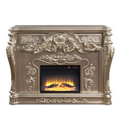 an ornate fireplace with flames in the center