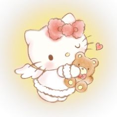 a hello kitty holding a teddy bear with hearts on it's chest and wearing a pink bow