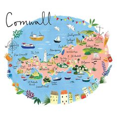 Cornwall Map Art Print Cornwall Map, Devon And Cornwall, Voyage Europe, Framed Maps, Map Art Print, Illustrated Map, Travel Maps, England Travel