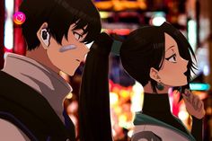 two anime characters standing next to each other in front of neon signs and buildings at night