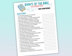 a printable book of the bible quiz game with answers and instructions for kids to use