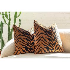 two zebra print pillows sitting on top of a couch next to a cacti