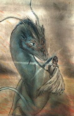 a drawing of a dragon holding a woman's arm in front of a cloudy sky