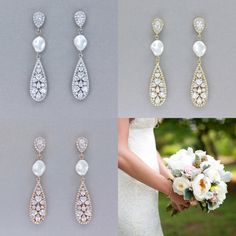 "Start your married bliss wearing our graceful \"Rita\" crystal teardrop earrings. This bridal accessory was designed in a long elegant teardrop style using sweetheart shaped crystals and featuring a silky twisted Swarovski pearl to complement your wedding dress. These delicate sparkling beauties are your forever earrings, bound up in lovely, romantic thoughts. ❣ Earring length is approx. 1.7\". ❣ Available set in rhodium, gold and rose gold. ❣ Highest-quality marquise cubic zircon crystals set Bridal Earrings Silver, Long Crystal Earrings, Teardrop Bridal Earrings, Rose Gold Bridal Earrings, Silver Bridal Earrings, Crystal Pearl Earrings, Crystal Teardrop Earrings, Clip On Earring, Wedding Day Jewelry