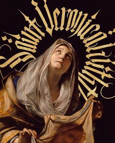 a painting of a woman with a veil on her head and the words, she is clothed in gold lettering