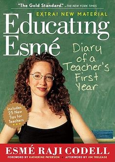 a woman standing in front of a chalkboard with the words, educating esme