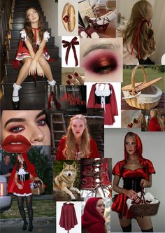 a collage of photos with red clothing and accessories, including a woman's face