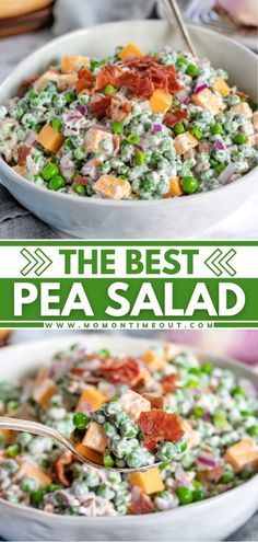 the best pea salad recipe with peas, carrots and bacon in a white bowl