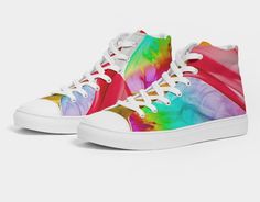 Trendy High tops shoes for women. Cool sneakers for girls. Part of the Dopamine Fashion Series of activewear clothing and casual shoes from WickedYo. Designed by Jooots. Happiness shoes to play, chill and dance. "Colorfall", this design's name, captures the sense of a waterfall of colors. which is how one can describe this cascade of colors. The beauty of Pour Art Design, now in fashion sneakers and activewear. Designer, one-of-a-kind athletic leisure wear sneakers, custom designed with graphics High Tops Shoes, Sneakers For Girls, Cool Sneakers, Dance Sneakers, Pour Art, Girls Sneakers, Active Wear Outfits, High Top Shoes, Fashion Sneakers