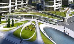 an artist's rendering of a futuristic city with lots of green space and people walking around