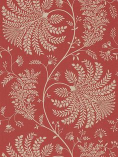 a red wallpaper with white flowers and leaves on it