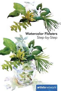 watercolor flowers are in a glass vase with green leaves and white blooms on it