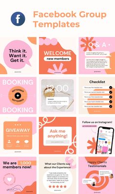 the facebook group templates are displayed in pink, orange and white colors with text that reads