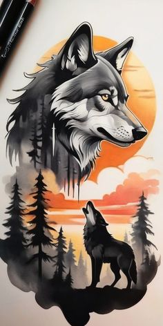 a drawing of a wolf with trees and sunset in the background