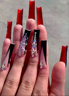 Black And Red Long Acrylic Nails, Hoco Nails Long, 40 Birthday Nails, Halloween Birthday Nails, Stiletto Halloween Nails, Halloween Nails Stiletto, Black And Red Nail Designs, Nails Red And Black, Latina Nails