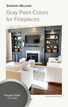 the gray paint colors for fireplaces are shown in this living room with white furniture