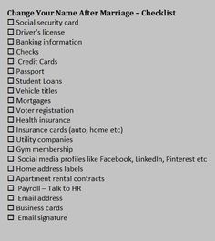 a checklist with the words change your name after marriage