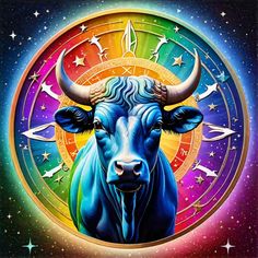 a painting of a bull with zodiac signs on it's face and stars in the background