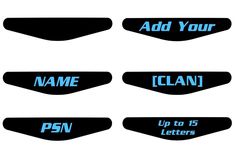 four black and blue name tags with the words,'add your logo up to 15 letters