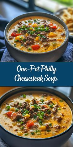 This One-Pot Philly Cheesesteak Soup combines all the savory, cheesy flavors of a classic Philly cheesesteak sandwich in a creamy, hearty soup. Packed with tender beef, sautéed peppers, onions, and melted provolone, it’s a comforting dish perfect for any time of year. Philly Cheesesteak Soup Recipe, Philly Cheesesteak Soup, Steak Soup Recipes, Cheesesteak Soup, Steak Soup, Cheesesteak Sandwich, Baby Bella Mushrooms, Cheese Soup Recipes, Comfort Soup Recipes