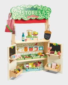 a wooden toy store with lots of items