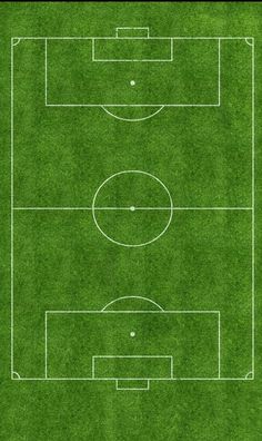 an overhead view of a soccer field with lines drawn on the ground and grass in the foreground