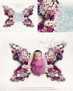 two photos of a baby in a butterfly costume with flowers on it's wings