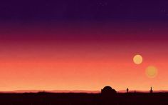 the sun is setting over a distant horizon with two people standing in front of it