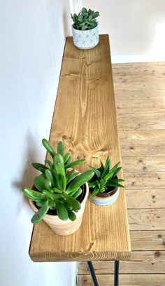 two succulent plants are sitting on a wooden table