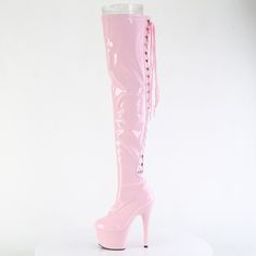 7" High Heel, 2 3/4" Platform Stretch Lace Up Back Thigh High Boots. Full-Length Inner Side Zipper Closure. Vegan Pink Patent Leather Styles: Dance Clubbing Festival Dancer Stripper Party Formal Roda-3063 Pink Knee-high Platform Boots, Pink Fitted Knee-high Platform Boots, Fitted Pink Knee-high Heeled Boots, 70s Platform Shoes, Stretch Thigh High Boots, Medieval Boots, 7 Inch Heels, Pirate Boots, Goth Shoes