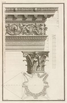 an architectural drawing shows the design for a column with two figures on it, and another figure