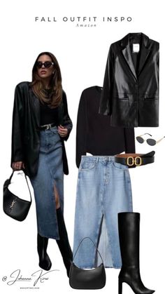 Denim Skirt Long Boots, Long Boot Style, How To Style Long Leather Jacket, Leather Shacket Outfit Dressy, Tall Boots With Long Skirt, Denim Skirt With Boots Outfit, Long Skirt Tall Boots Outfit, Denim Skirt Black Boots, Long Denim Skirt With Boots