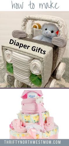 two pictures with the words how to make diaper gifts on them and an image of a