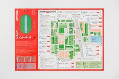 a map of the campus in red and green on a white background with information about it