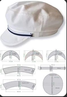 a white hat is shown with measurements for the top and side panels, along with other details