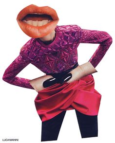 a woman with an orange lipstick on her face wearing a purple top and black pants