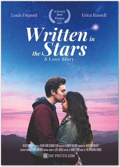 the poster for written in the stars, which features two young people kissing each other