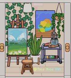 a living room filled with lots of furniture and paintings on the wall next to a potted plant