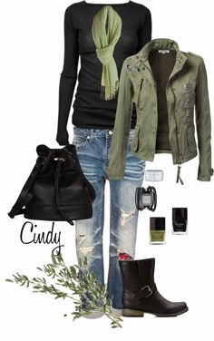 Looks Jeans, 가을 패션, Fashion Mode, Polyvore Outfits, Green Jacket, Casual Fall